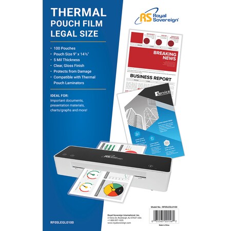 Royal Sovereign Pouch Lamination Film, 5 Mil Thickness, Legal Size, PK100 RF05LEGL0100